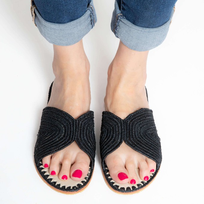 Raffia Slippers Sun and Moon in Black from Abury