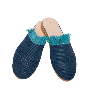 Raffia Slippers with Fringes in Blue, Turquoise from Abury