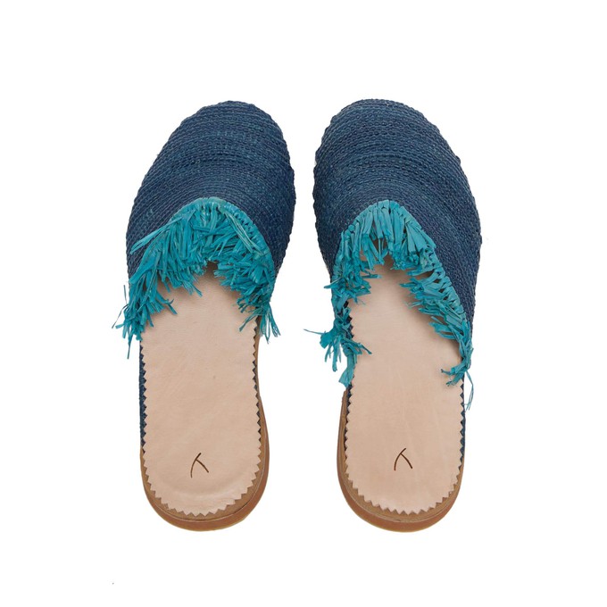 Raffia Slippers with Fringes in Blue, Turquoise from Abury