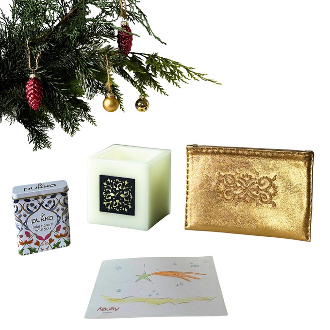Christmas Gift Set: Wax Lantern, Leather Pouch, Tea & Hand-Painted Postcard from Abury