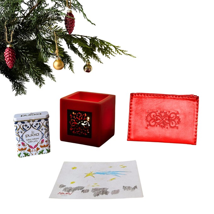Christmas Gift Set: Wax Lantern, Leather Pouch, Tea & Hand-Painted Postcard from Abury