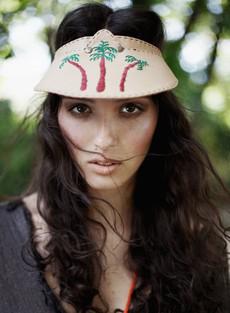 Leather Cap in Beige with Palm Tree Embroidery via Abury