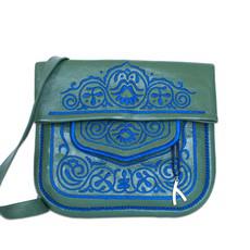 Embroidered Leather Berber Bag in Green, Blue via Abury