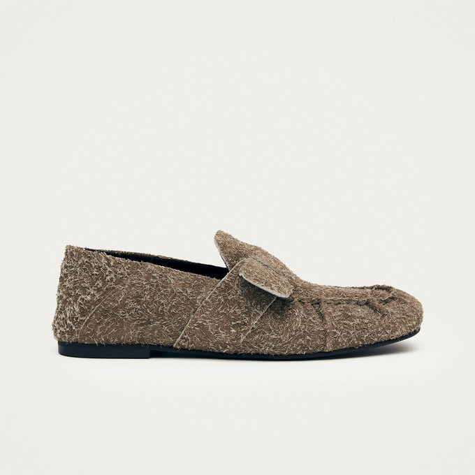Aeryn Suede Fuzzy Khaki Leather Loafers from Alohas