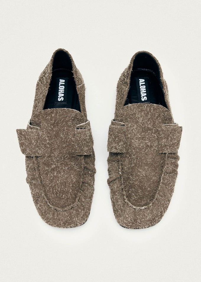 Aeryn Suede Fuzzy Khaki Leather Loafers from Alohas