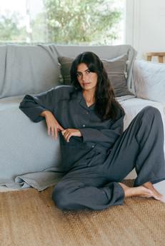 Snooze long sleeve linen pajama set in Charcoal via AmourLinen