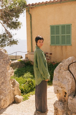 Molly oversized collar linen shirt in Matcha Green from AmourLinen