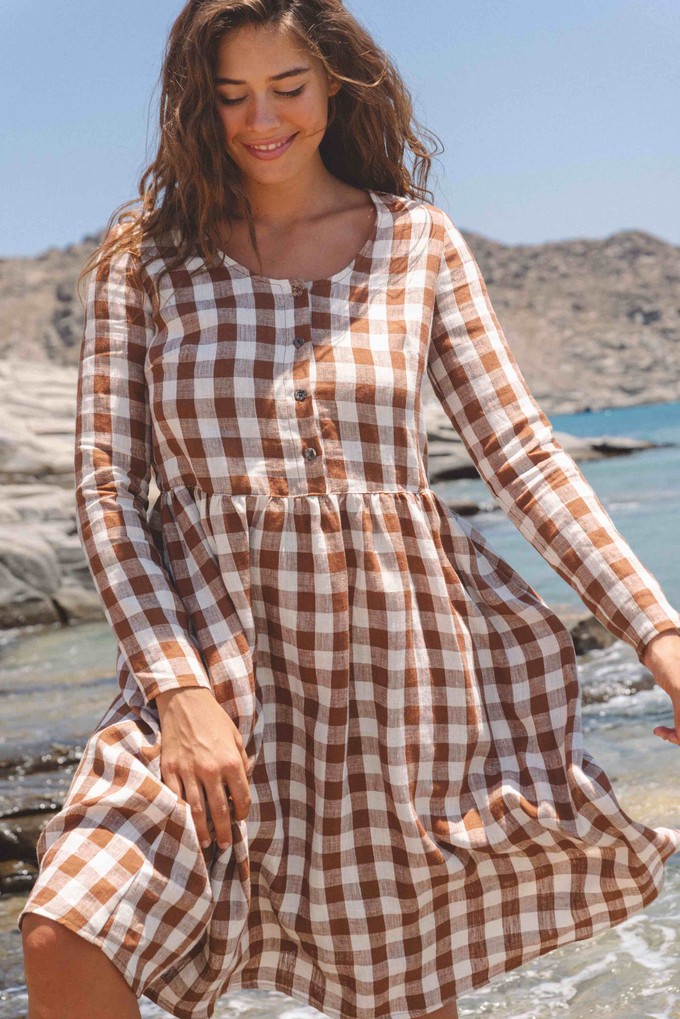 Lapland mid length linen dress in Mocha Gingham from AmourLinen Lapland mid length linen dress in Mocha Gingham from AmourLinen