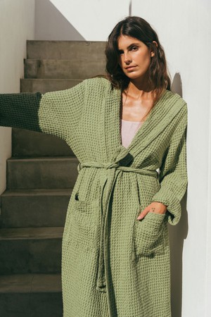 Snuggle linen waffle bathrobe in Moss Green from AmourLinen