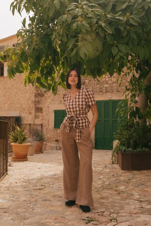 Leah wide linen pants with slits in Rosy Brown from AmourLinen