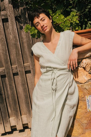 Aurora mid length linen dress in Sage Green from AmourLinen
