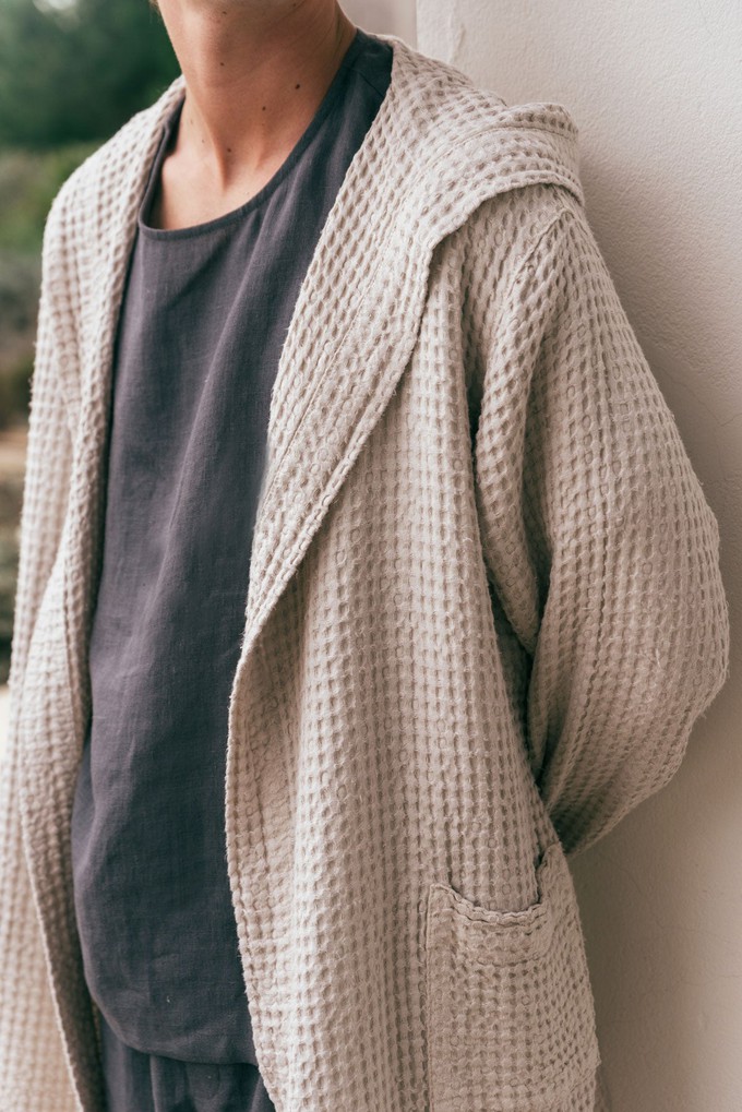 Men's linen waffle bathrobe in Cream from AmourLinen