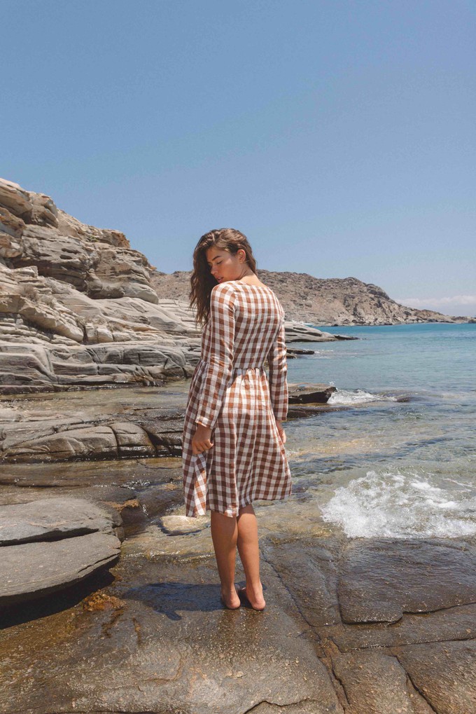Lapland mid length linen dress in Mocha Gingham from AmourLinen Lapland mid length linen dress in Mocha Gingham from AmourLinen