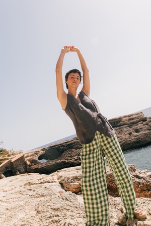 Lydia classic wide linen pants in Green Gingham from AmourLinen