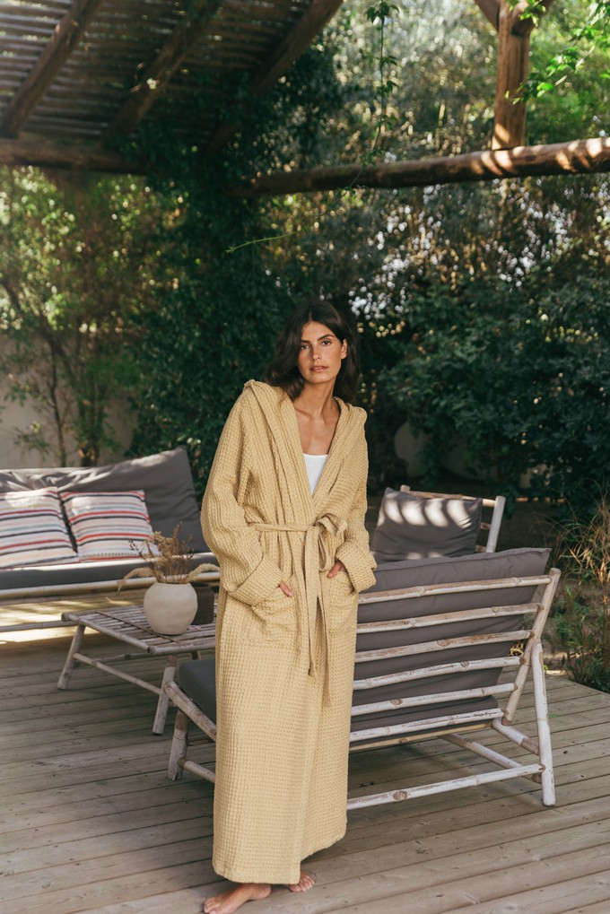 Snuggle linen waffle bathrobe in Mustard from AmourLinen