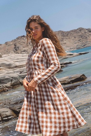 Lapland mid length linen dress in Mocha Gingham from AmourLinen Lapland mid length linen dress in Mocha Gingham from AmourLinen