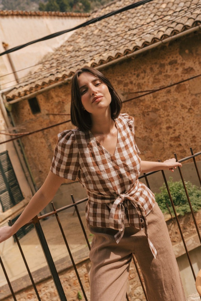Elisa linen wrap top in Mocha Gingham from AmourLinen