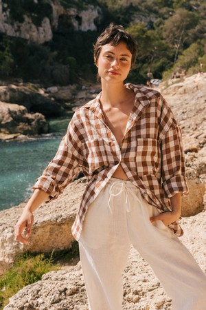 Molly oversized collar linen shirt in Mocha Gingham from AmourLinen