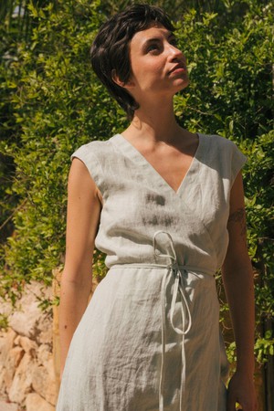 Aurora mid length linen dress in Sage Green from AmourLinen