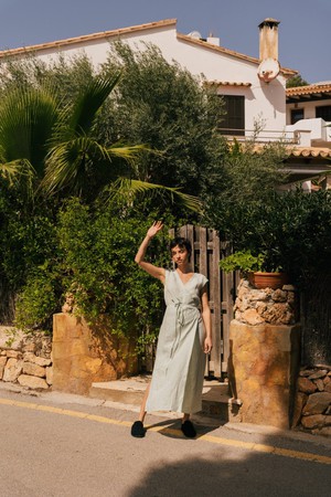 Aurora mid length linen dress in Sage Green from AmourLinen