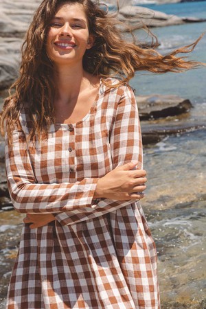 Lapland mid length linen dress in Mocha Gingham from AmourLinen Lapland mid length linen dress in Mocha Gingham from AmourLinen