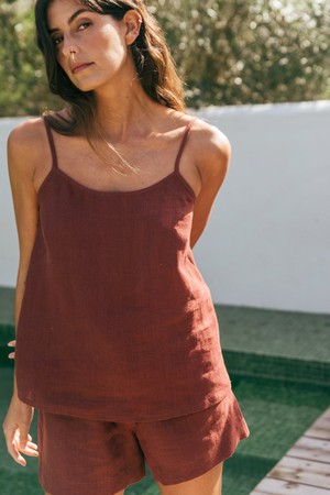 Night Owl sleeveless linen pajama set in Terracotta from AmourLinen
