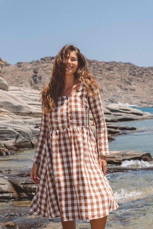 Lapland mid length linen dress in Mocha Gingham from AmourLinen Lapland mid length linen dress in Mocha Gingham from AmourLinen