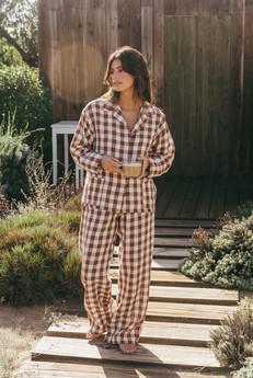 Snooze long sleeve linen pajama set in Mocha Gingham via AmourLinen