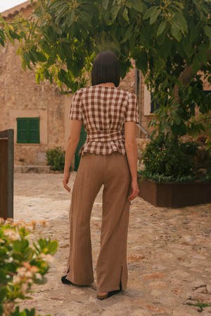 Elisa linen wrap top in Mocha Gingham from AmourLinen