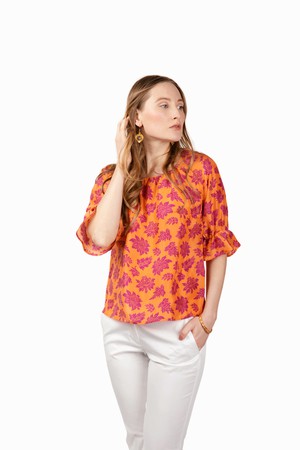Orange silk blouse with purple print from Asneh