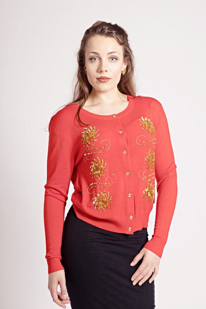 Red Cashmere Cardigan with Gold Embellishment from Asneh