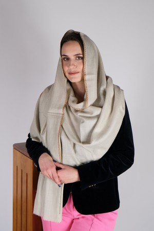 Cream Beige Cashmere Scarf with Orange and Green from Asneh