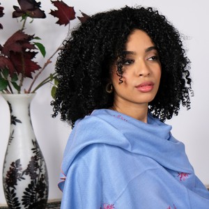 Baby Blue Cashmere Pashmina with Sozni Embroidery from Asneh