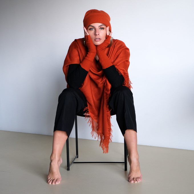 Rusty Orange Cashmere Beanie with wide rib knit brim from Asneh