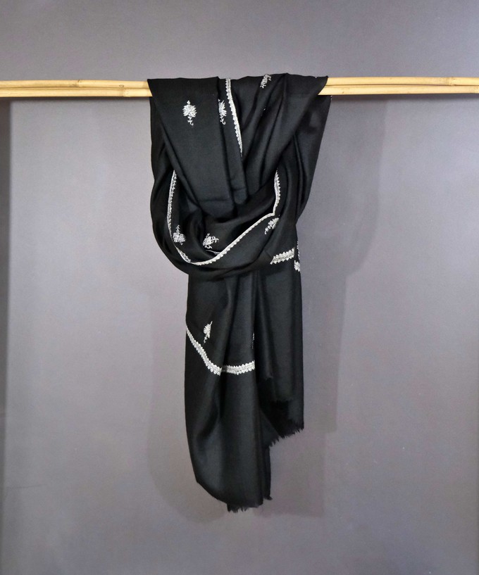 Large Black Cashmere Shawl with White Embroidery from Asneh