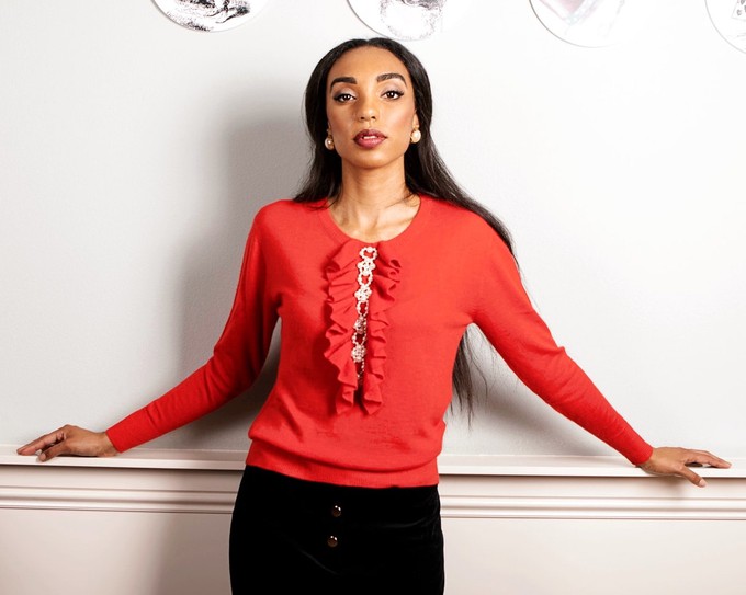 Red Cashmere Sweater with Ruffles and Pearls from Asneh