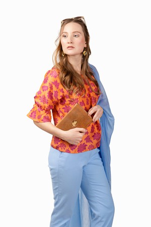 Orange silk blouse with purple print from Asneh