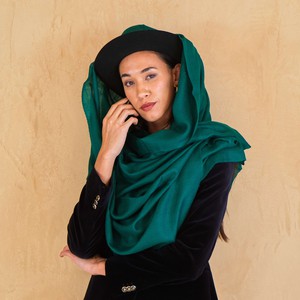 Large Green Cashmere Shawl with Frayed Edges from Asneh