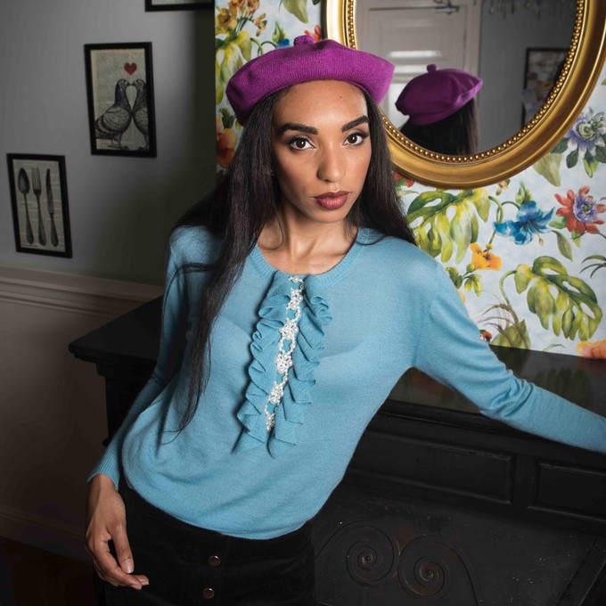 Blue Cashmere Sweater with Ruffles and Pearls from Asneh