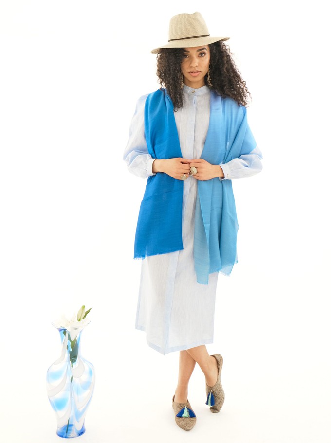 Blue dip-dye silk-wool scarf in three shades of blue from Asneh