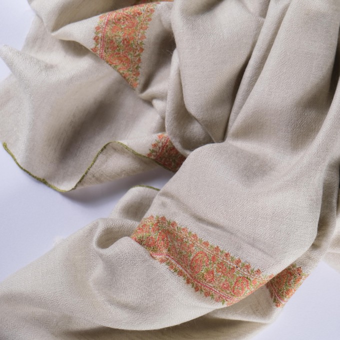 Cream Beige Cashmere Scarf with Orange and Green from Asneh