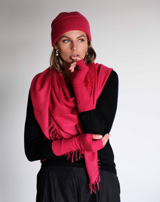 Magenta Red Cashmere Beanie with rib knit turn-up brim from Asneh