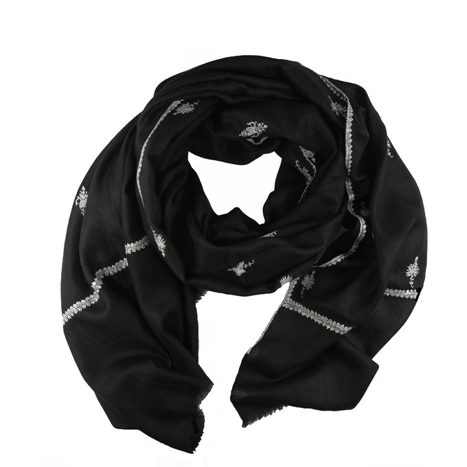 Large Black Cashmere Shawl with White Embroidery from Asneh