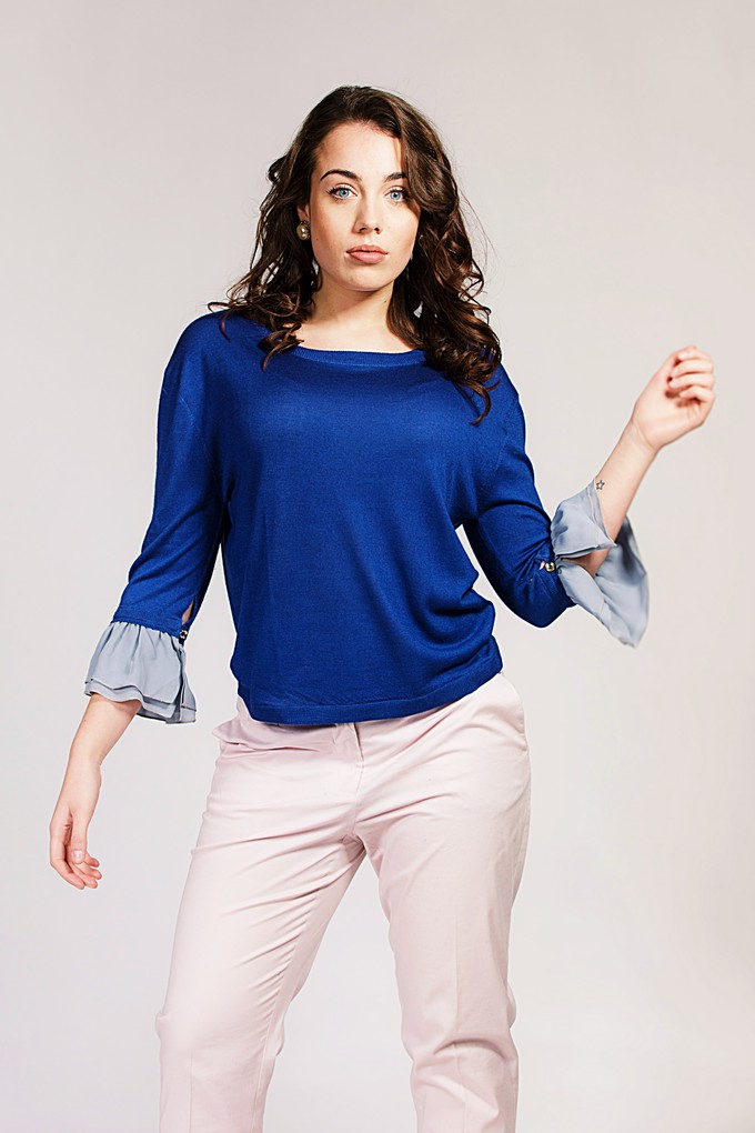 Blue Silk Cashmere Sweater with Grey Silk Ruffles from Asneh