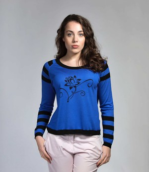 Blue Sweater Cashmere Silk Knit with Lotus Print from Asneh