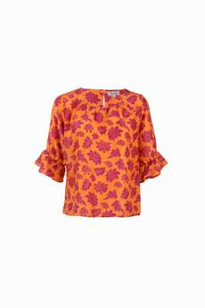 Orange silk blouse with purple print via Asneh