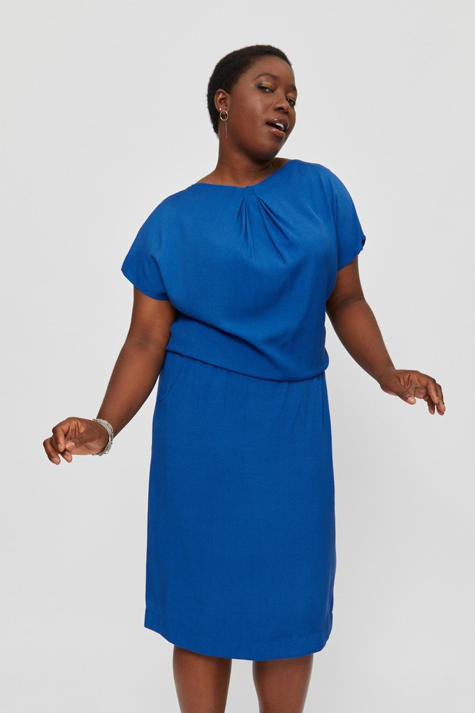 Amy | Midi Dress with Pencil Skirt and Neckline Detail in Classic Blue from AYANI