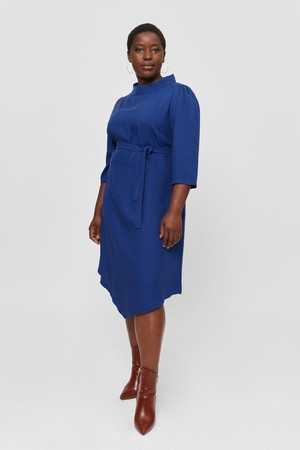 Suzi | Belted Angle Dress with Boat Neckline in Midnight Blue from AYANI