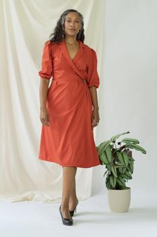 Isabel | Wrap Dress with balloon sleeves in Aperol via AYANI