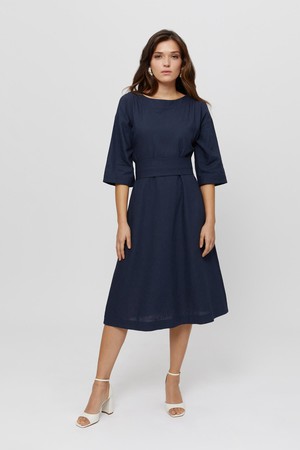 Mane | Elegant Midi Dress with Kimono Belt in Black-Blue from AYANI